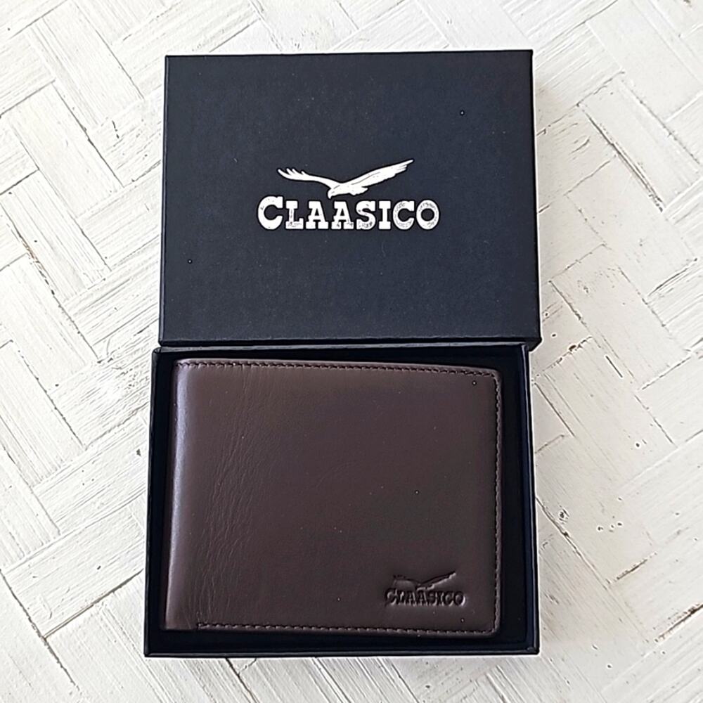 Claasico Genuine Leather Slim RFID Wallet For Men Brown Slimfold Billfold (NIB)